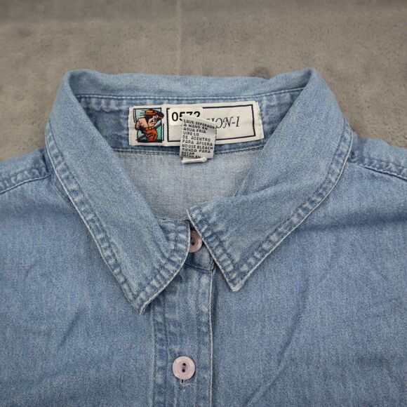 Passion-I Shirt Womens L Blue Denim Button Front Floral Embroidered Pocket - Picture 10 of 16
